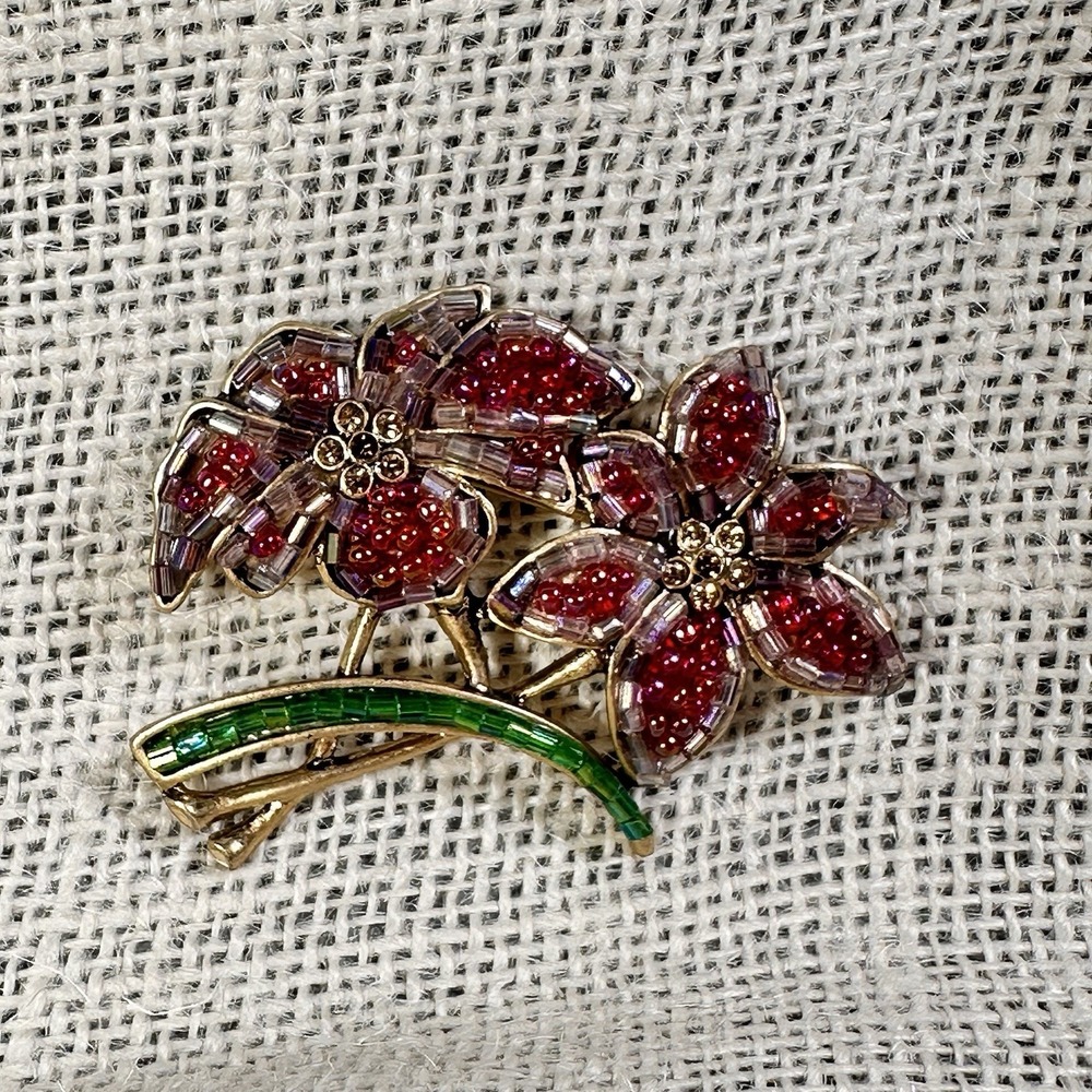 Liz Claiborne Floral Rhinestone Bead Brooch, Flower Pin Signed LC